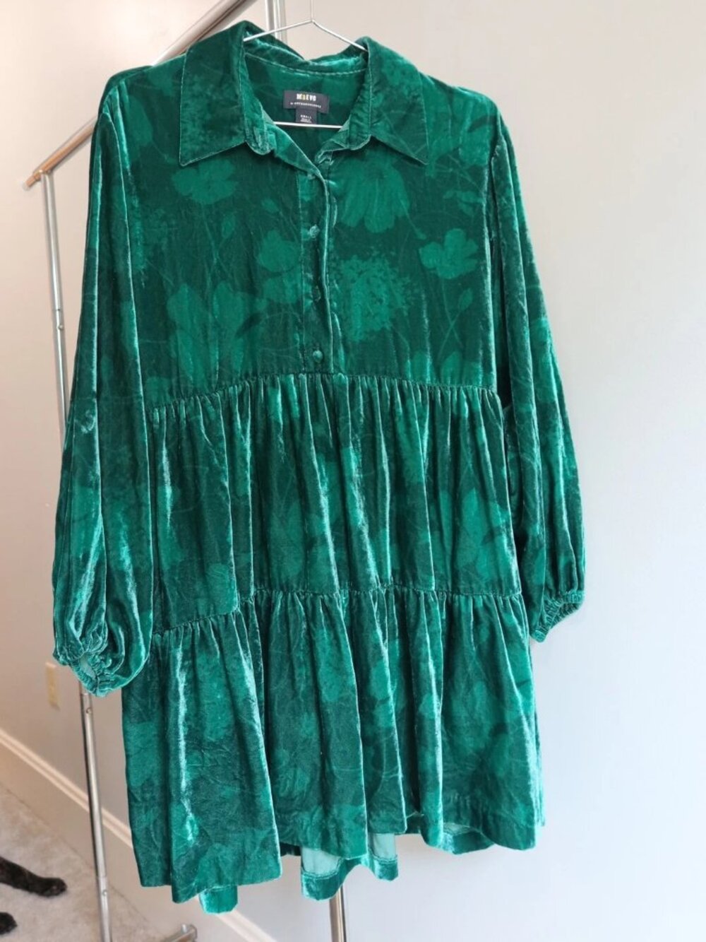 Anthropologie Maeve Bettina Tiered Velvet Mini Dress Green Floral Small